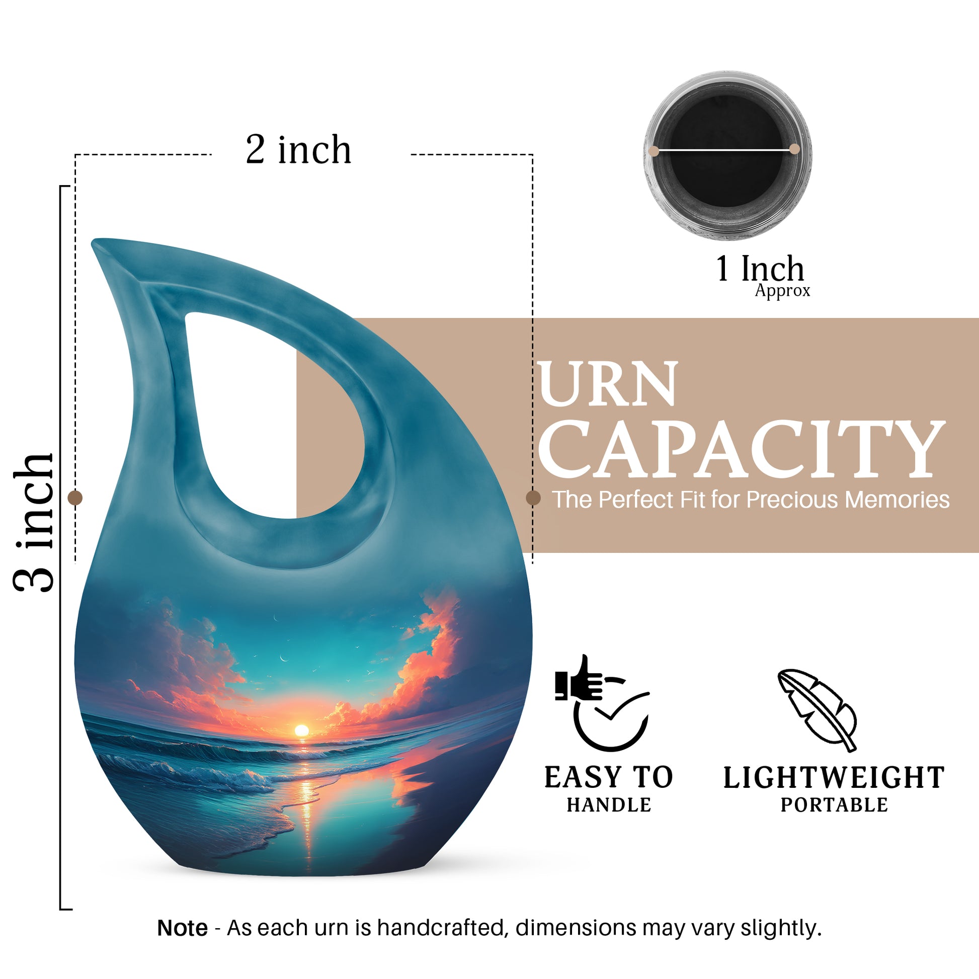Bright Blue Beach Cremation Urn back view with polished surface - faith-inspired cross-drop urn with beach pattern - mini keepsake memorial for portion of cremation ashes