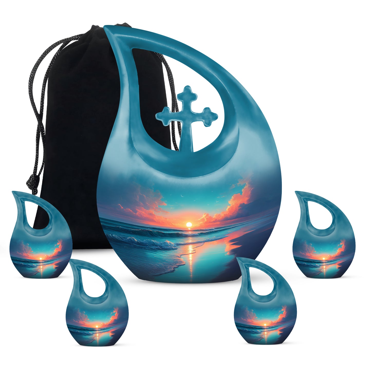 Cornflower Blue Beach Cremation Urn urn with complimentary velvet bag - devotional cross-drop beach engraving - memorial set with one large and four small urns