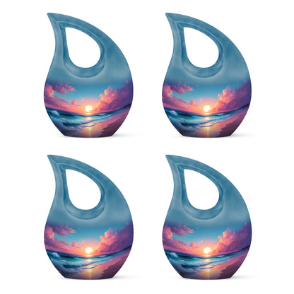 Pastel Blue Beach Cremation Urn lifestyle display on memorial shelf - sacred cross merged with beach motif on metal - 10 inch aluminum urn for cremated remains
