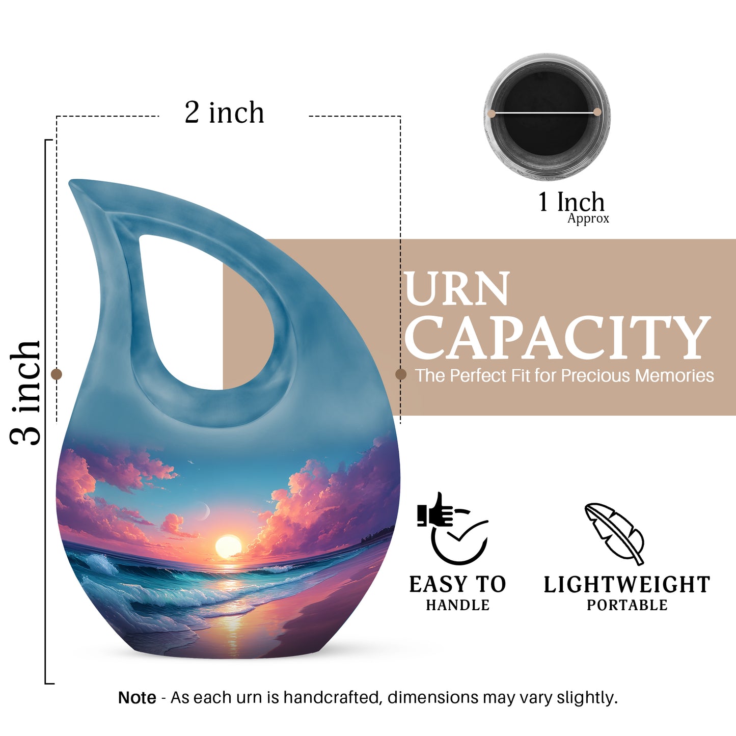 Dusty Blue Beach Cremation Urn back view with polished surface - sacred cross merged with beach motif on metal - mini keepsake memorial for portion of cremation ashes