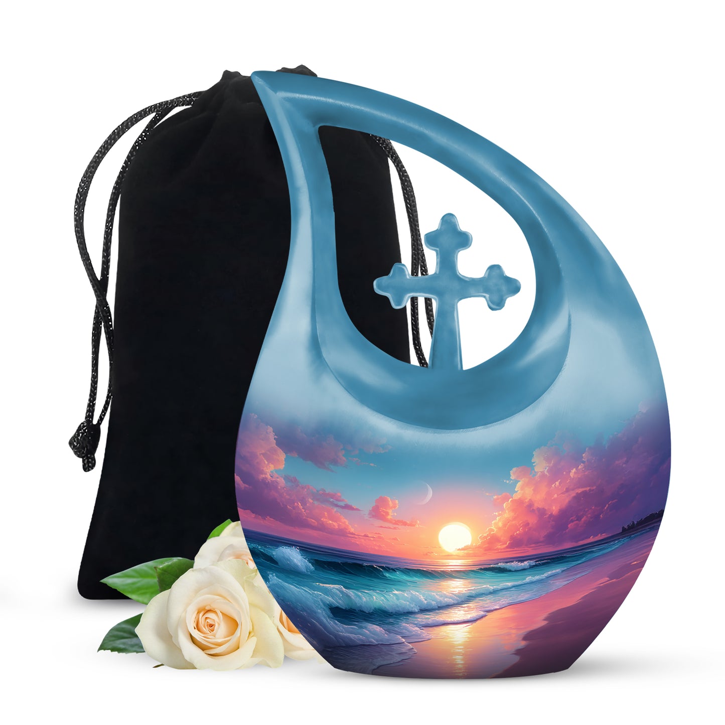 Misty Blue Beach Cremation Urn top-down view of secure threaded lid - cross and beach combined in spiritual memorial design - full-size 10 inch 200 cubic inch adult cremation urn