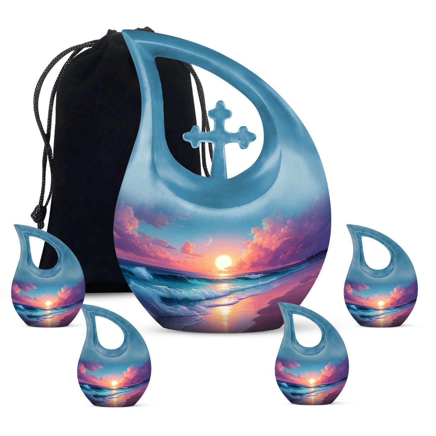 Dusty Blue Beach Cremation Urn urn with complimentary velvet bag - sacred cross merged with beach motif on metal - memorial set with one large and four small urns