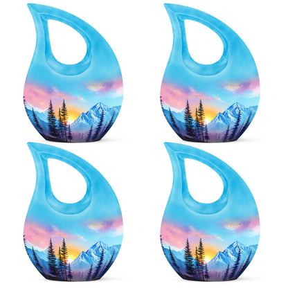 Sky Blue Beach Cremation Urn lifestyle display on memorial shelf - sacred cross merged with beach motif on metal - 10 inch aluminum urn for cremated remains