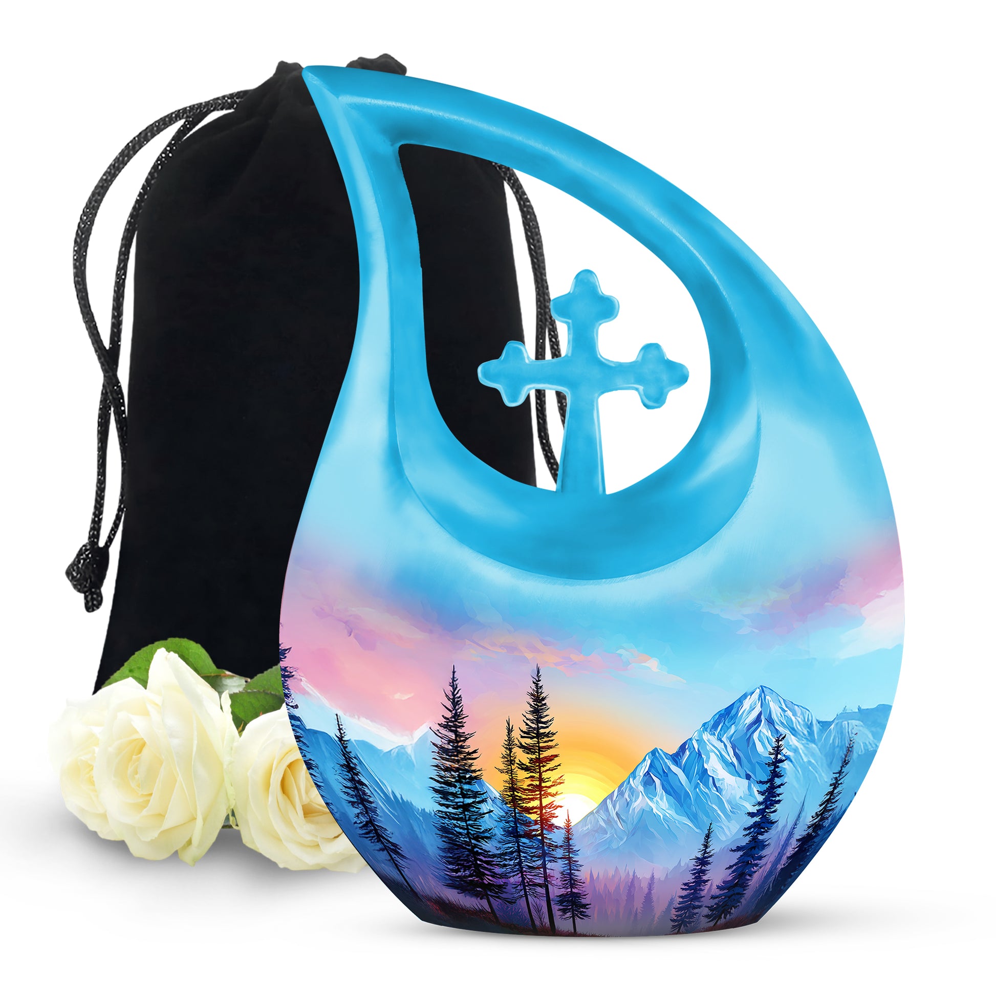 Powder Blue Beach Cremation Urn top-down view of secure threaded lid - cross and beach combined in spiritual memorial design - full-size 10 inch 200 cubic inch adult cremation urn