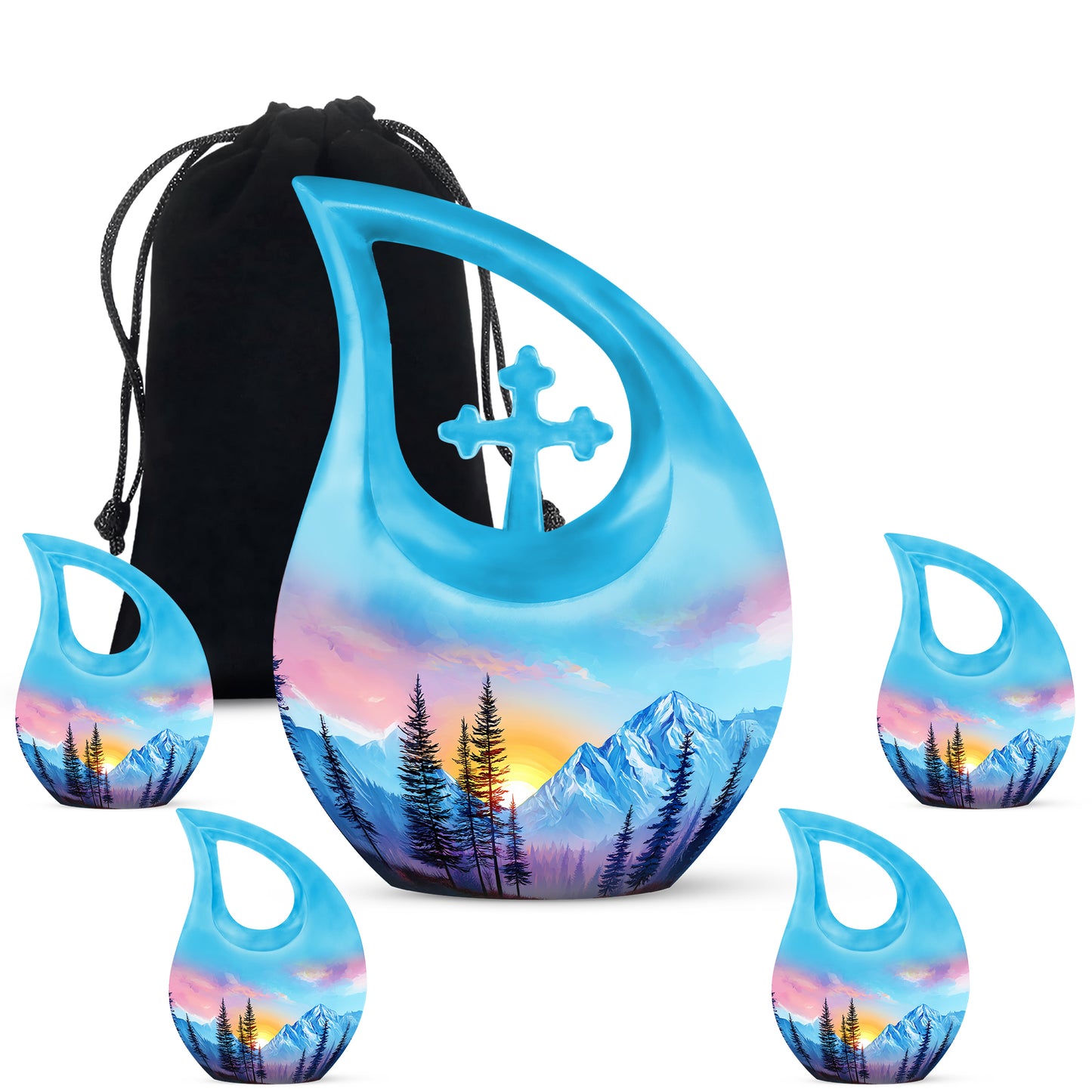 Sky Blue Beach Cremation Urn urn with complimentary velvet bag - sacred cross merged with beach motif on metal - memorial set with one large and four small urns