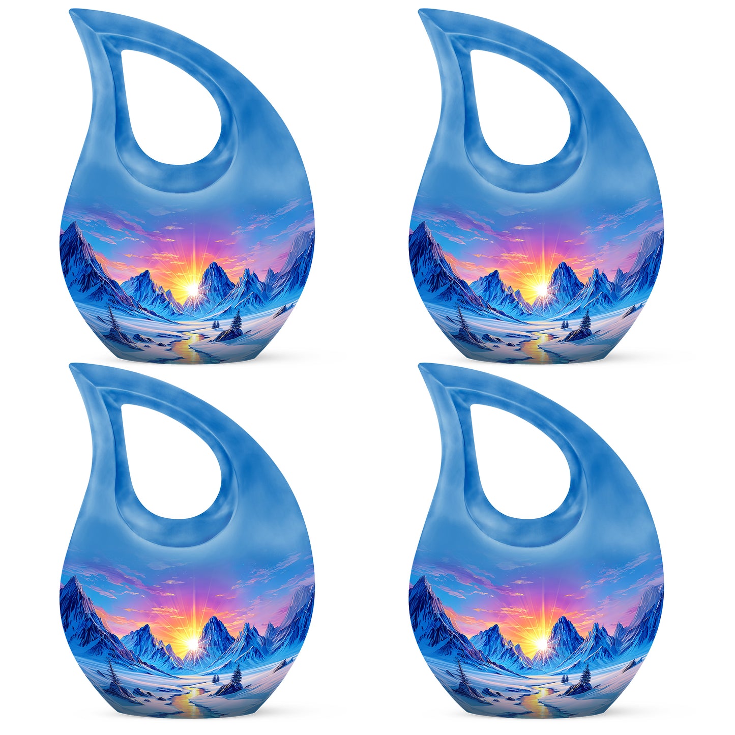 Misty Blue Beach Cremation Urn lifestyle display on memorial shelf - cross and beach combined in spiritual memorial design - 10 inch aluminum urn for cremated remains