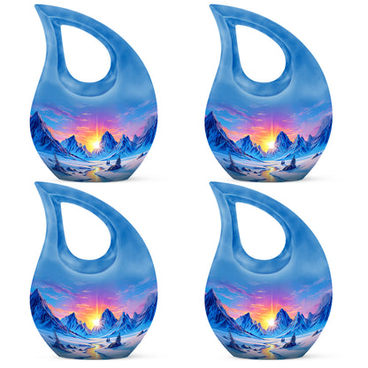 Misty Blue Beach Cremation Urn lifestyle display on memorial shelf - cross and beach combined in spiritual memorial design - 10 inch aluminum urn for cremated remains