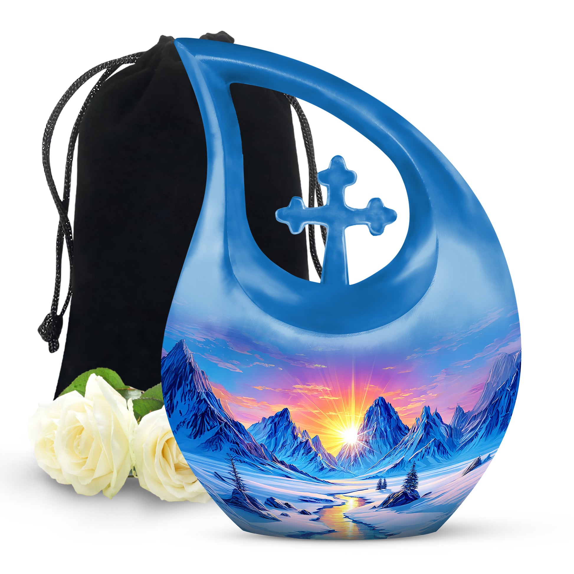 Cornflower Blue Beach Cremation Urn top-down view of secure threaded lid - faith-inspired cross-drop urn with beach pattern - full-size 10 inch 200 cubic inch adult cremation urn