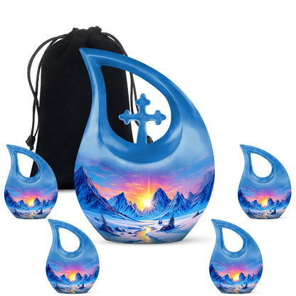 Slate Blue Beach Cremation Urn urn with complimentary velvet bag - cross and beach combined in spiritual memorial design - memorial set with one large and four small urns