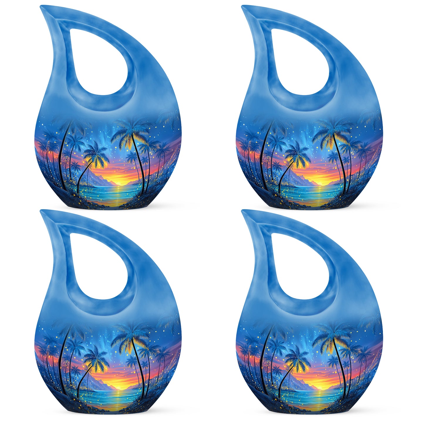 Twilight Blue Beach Cremation Urn lifestyle display on memorial shelf - devotional cross-drop beach engraving - 10 inch aluminum urn for cremated remains
