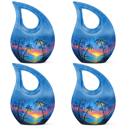 Twilight Blue Beach Cremation Urn lifestyle display on memorial shelf - devotional cross-drop beach engraving - 10 inch aluminum urn for cremated remains
