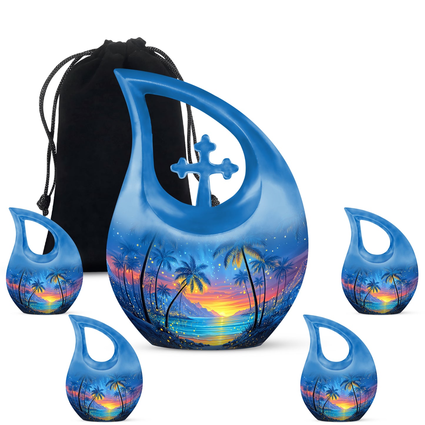 Bright Blue Beach Cremation Urn urn with complimentary velvet bag - devotional cross-drop beach engraving - memorial set with one large and four small urns