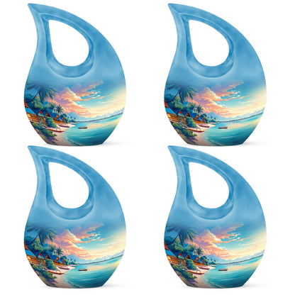 Steel Blue Beach Cremation Urn lifestyle display on memorial shelf - faith-inspired cross-drop urn with beach pattern - 10 inch aluminum urn for cremated remains