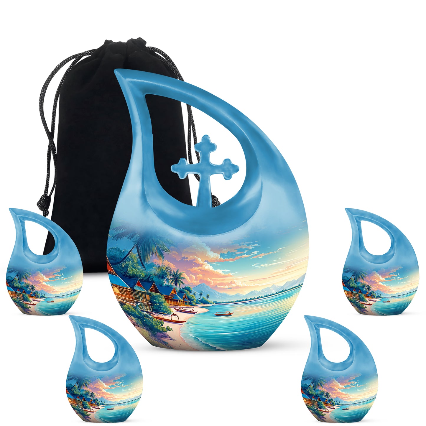 Indigo Beach Cremation Urn urn with complimentary velvet bag - cross and beach combined in spiritual memorial design - memorial set with one large and four small urns
