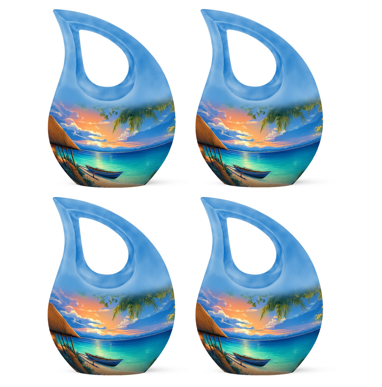Serene Blue Beach Cremation Urn lifestyle display on memorial shelf - faith-inspired cross-drop urn with beach pattern - 10 inch aluminum urn for cremated remains