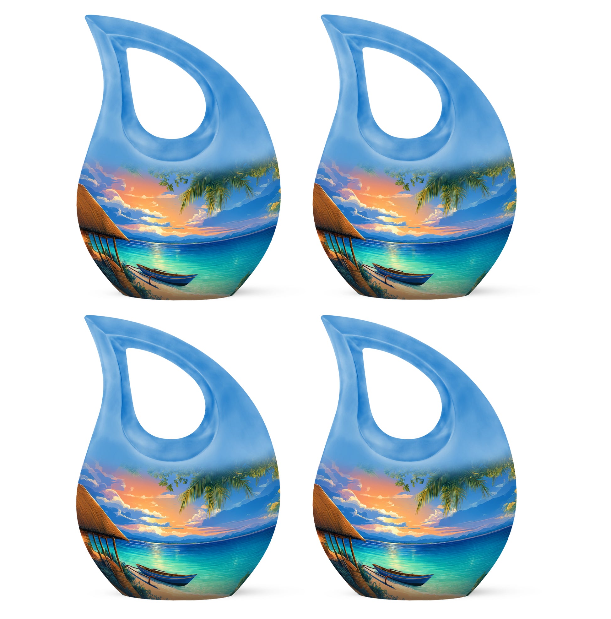Serene Blue Beach Cremation Urn lifestyle display on memorial shelf - faith-inspired cross-drop urn with beach pattern - 10 inch aluminum urn for cremated remains