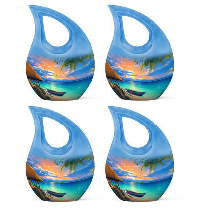 Serene Blue Beach Cremation Urn lifestyle display on memorial shelf - faith-inspired cross-drop urn with beach pattern - 10 inch aluminum urn for cremated remains