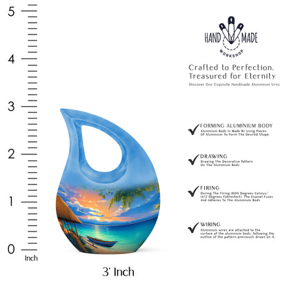 Soft Blue Beach Cremation Urn back view with polished surface - devotional cross-drop beach engraving - mini keepsake memorial for portion of cremation ashes