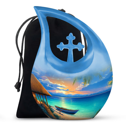 Royal Blue Beach Cremation Urn top-down view of secure threaded lid - devotional cross-drop beach engraving - full-size 10 inch 200 cubic inch adult cremation urn