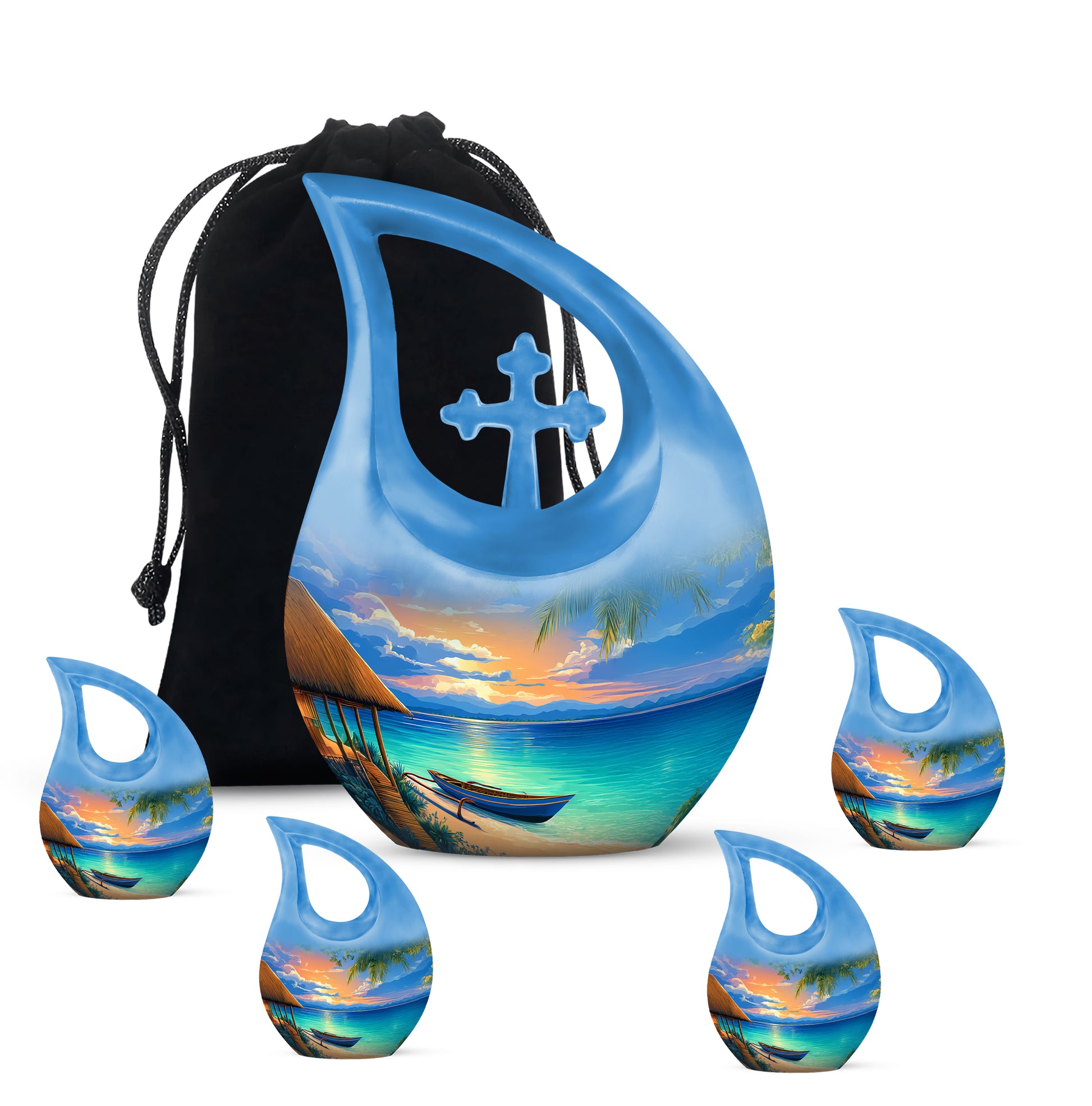 Slate Blue Beach Cremation Urn urn with complimentary velvet bag - sacred cross merged with beach motif on metal - memorial set with one large and four small urns