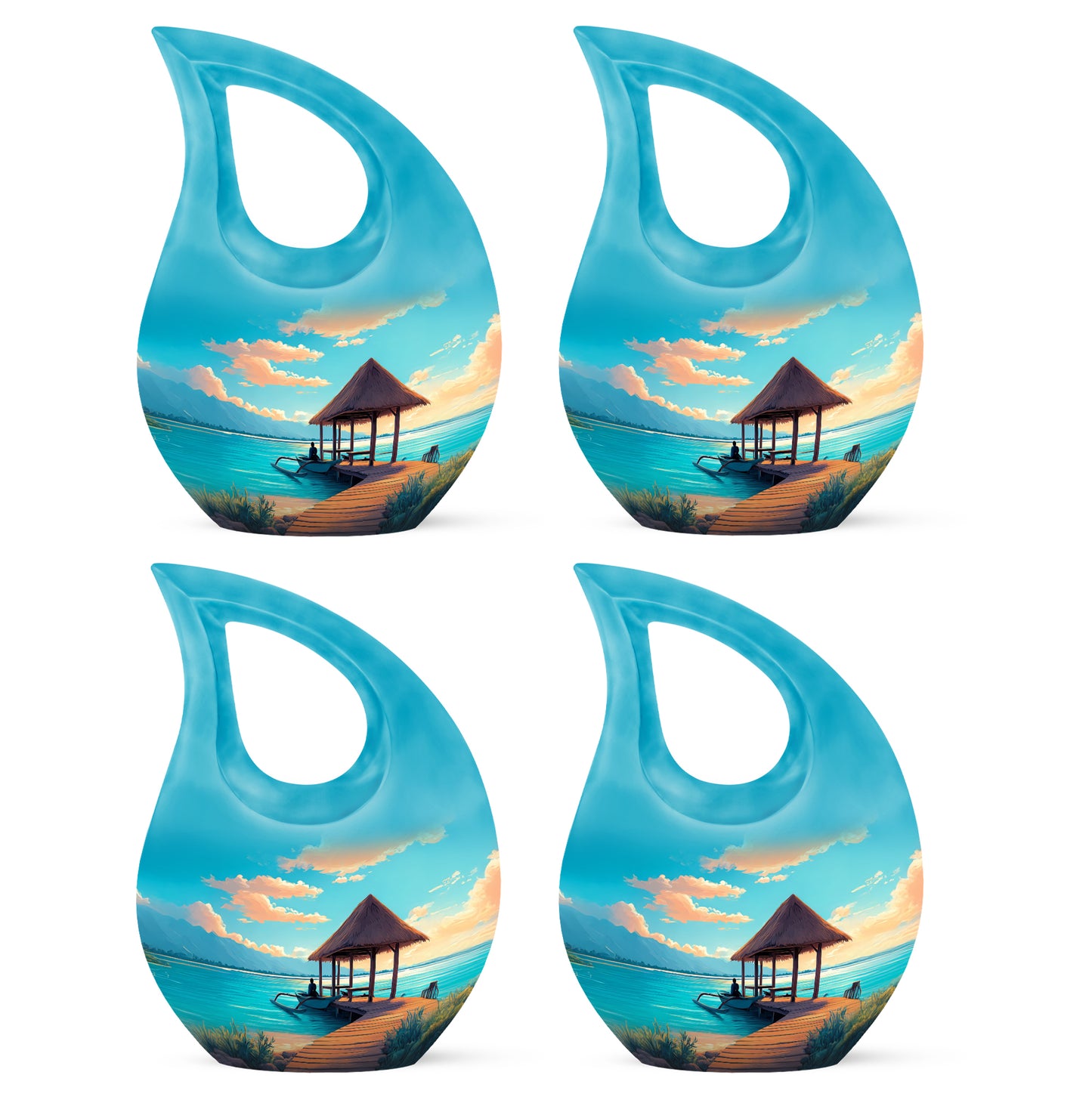 Vivid Teal Beach Cremation Urn lifestyle display on memorial shelf - faith-inspired cross-drop urn with beach pattern - 10 inch aluminum urn for cremated remains