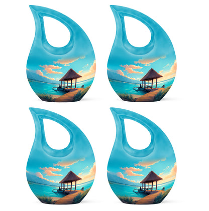 Vivid Teal Beach Cremation Urn lifestyle display on memorial shelf - faith-inspired cross-drop urn with beach pattern - 10 inch aluminum urn for cremated remains