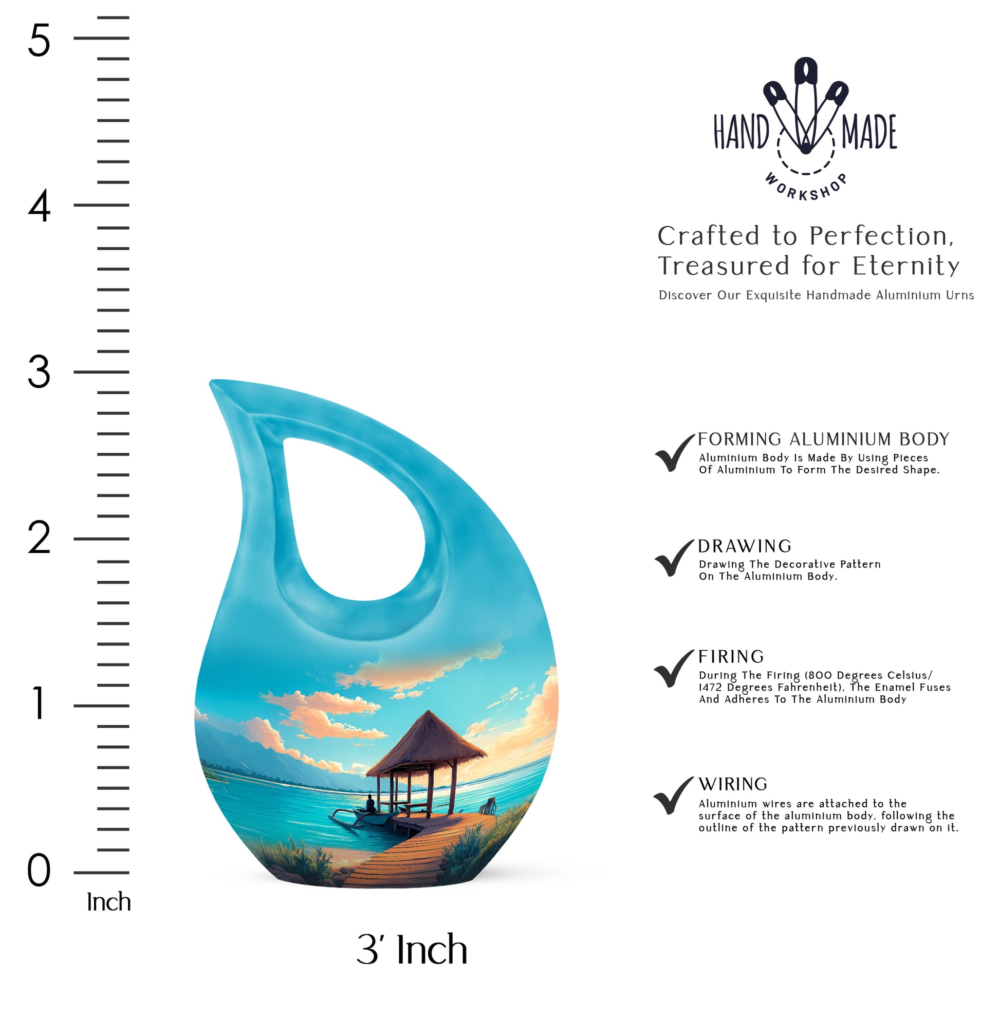Vivid Teal Beach Cremation Urn back view with polished surface - faith-inspired cross-drop urn with beach pattern - mini keepsake memorial for portion of cremation ashes