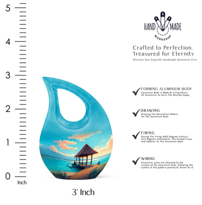Vivid Teal Beach Cremation Urn back view with polished surface - faith-inspired cross-drop urn with beach pattern - mini keepsake memorial for portion of cremation ashes
