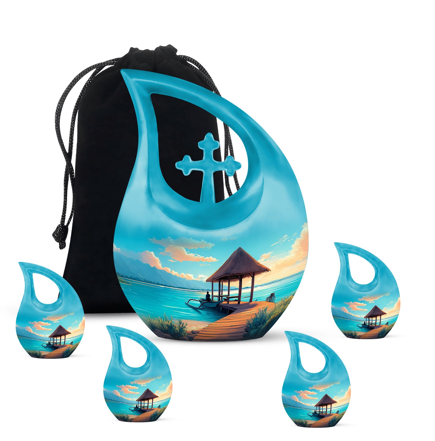 Ocean Teal Beach Cremation Urn urn with complimentary velvet bag - cross and beach combined in spiritual memorial design - memorial set with one large and four small urns