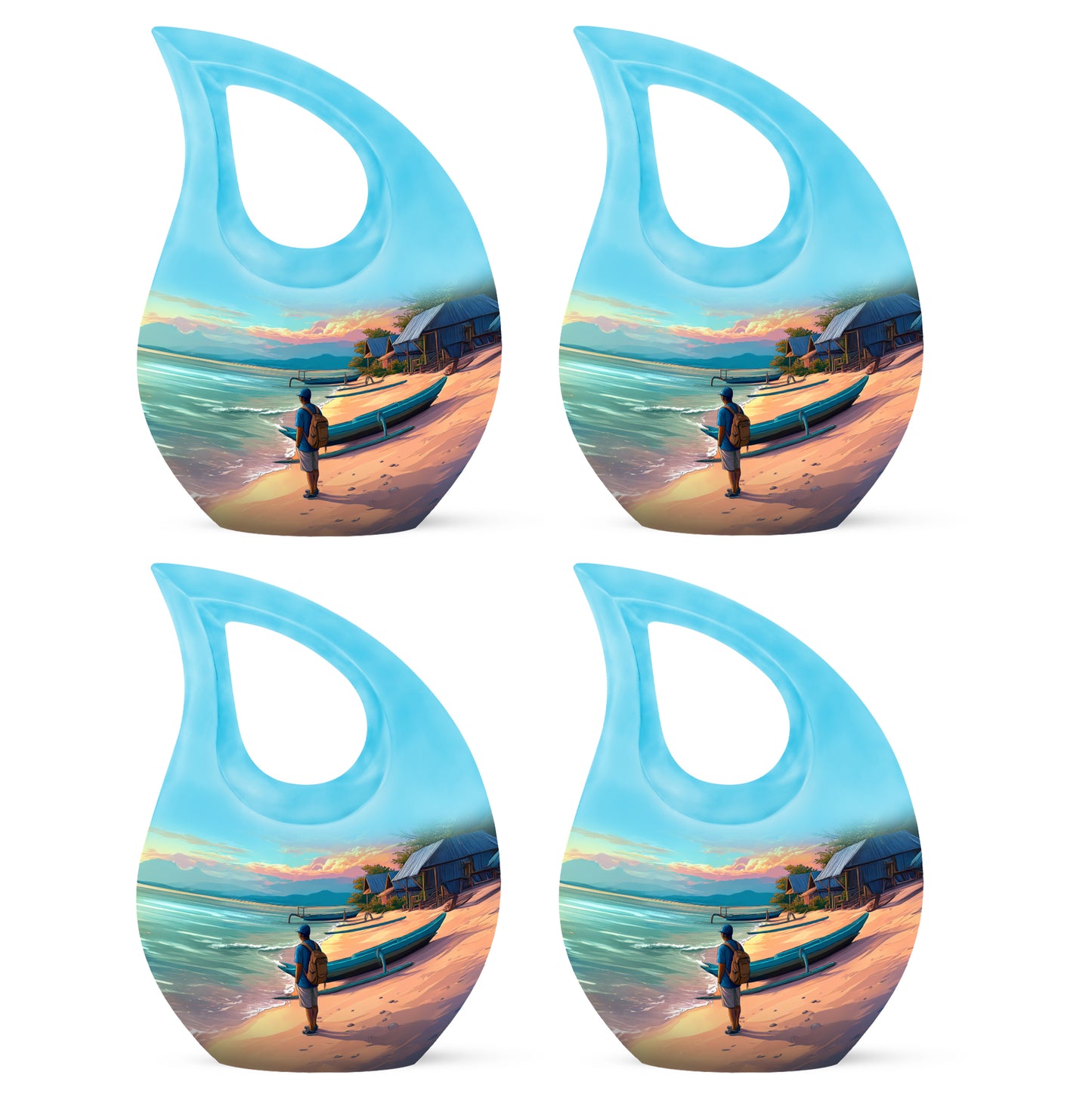 Soft Teal Beach Cremation Urn lifestyle display on memorial shelf - sacred cross merged with beach motif on metal - 10 inch aluminum urn for cremated remains