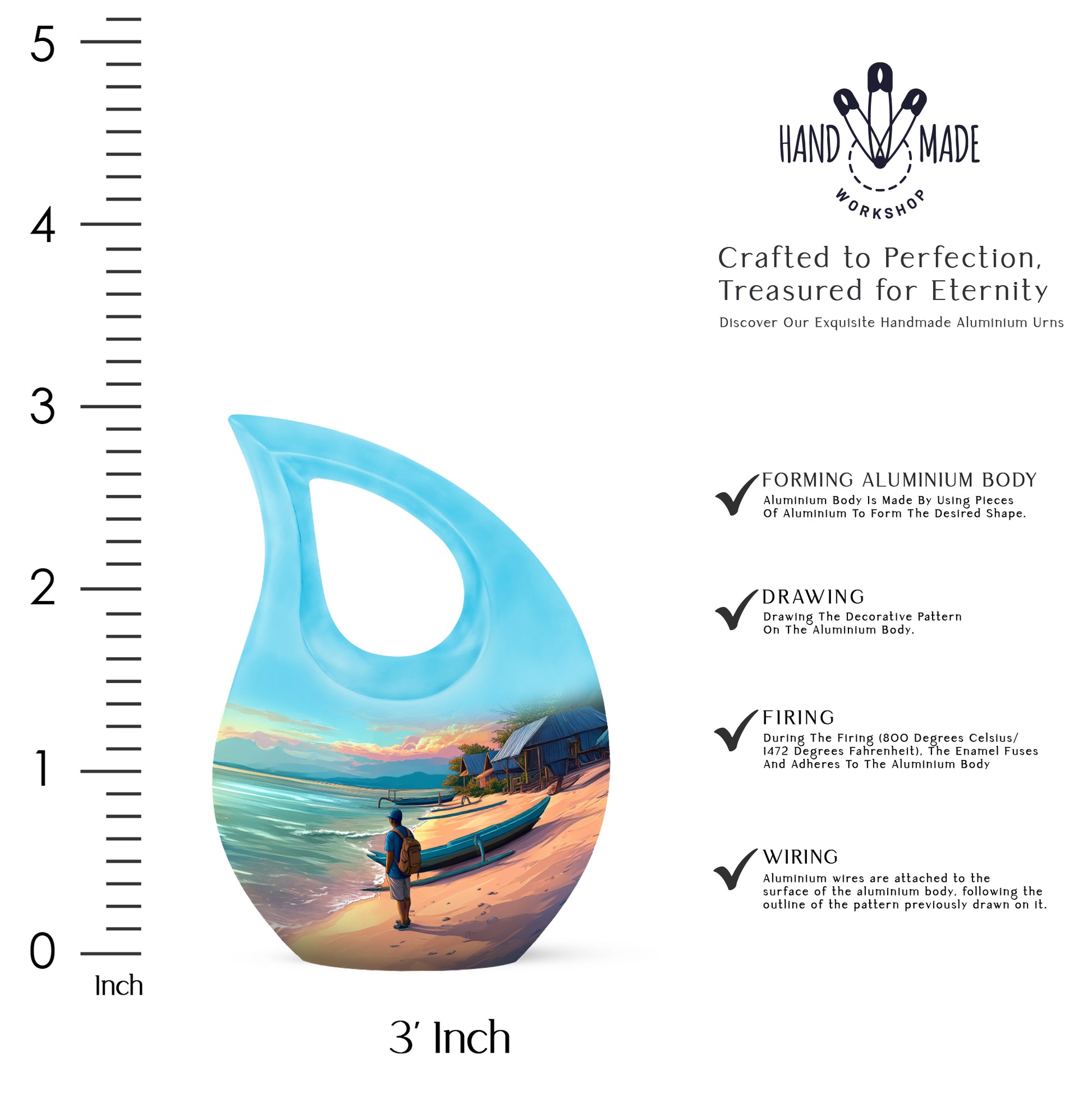 Soft Teal Beach Cremation Urn back view with polished surface - cross and beach combined in spiritual memorial design - mini keepsake memorial for portion of cremation ashes