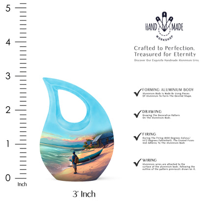 Soft Teal Beach Cremation Urn back view with polished surface - cross and beach combined in spiritual memorial design - mini keepsake memorial for portion of cremation ashes
