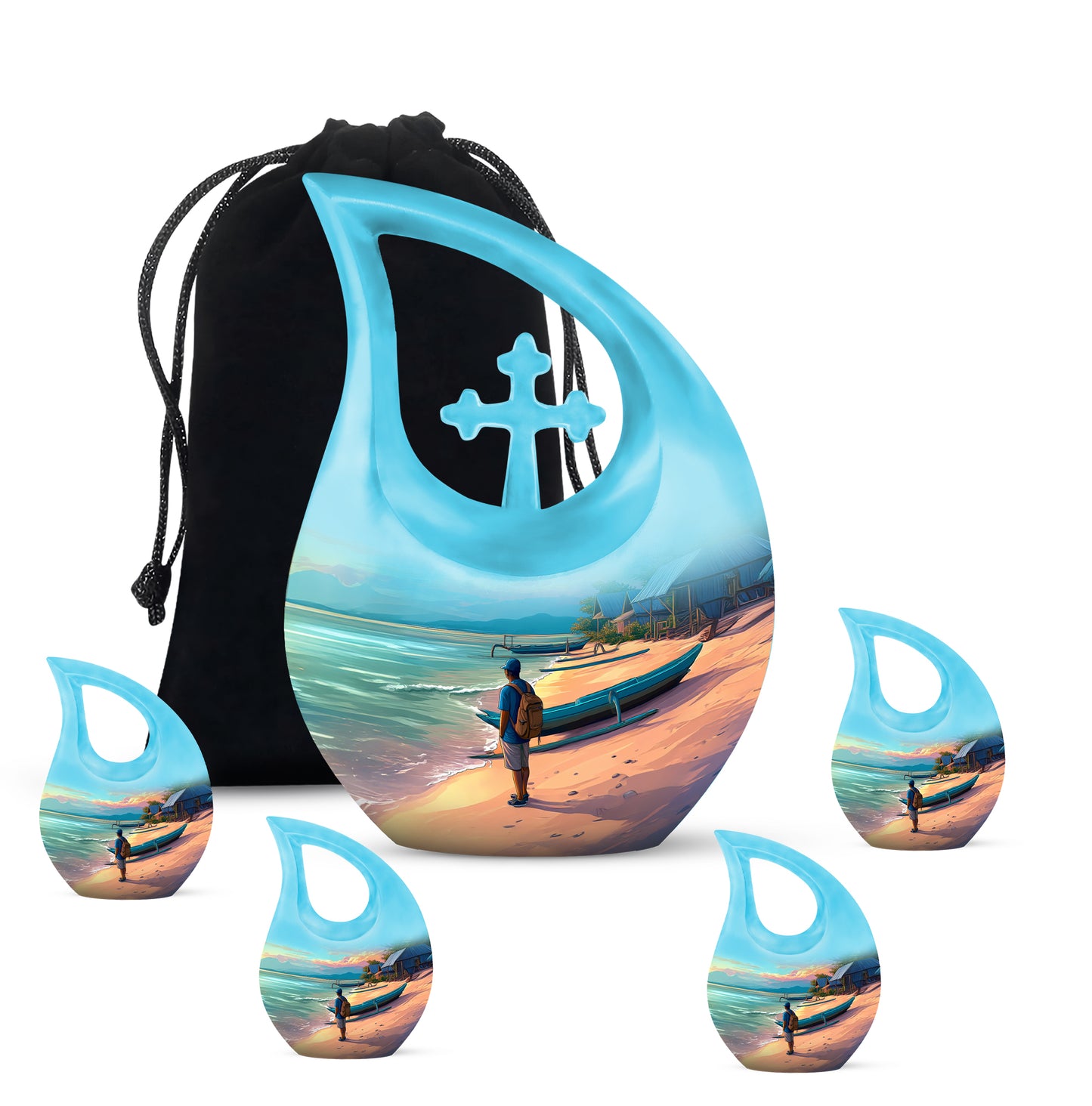 Vivid Teal Beach Cremation Urn urn with complimentary velvet bag - faith-inspired cross-drop urn with beach pattern - memorial set with one large and four small urns