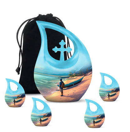 Vivid Teal Beach Cremation Urn urn with complimentary velvet bag - faith-inspired cross-drop urn with beach pattern - memorial set with one large and four small urns