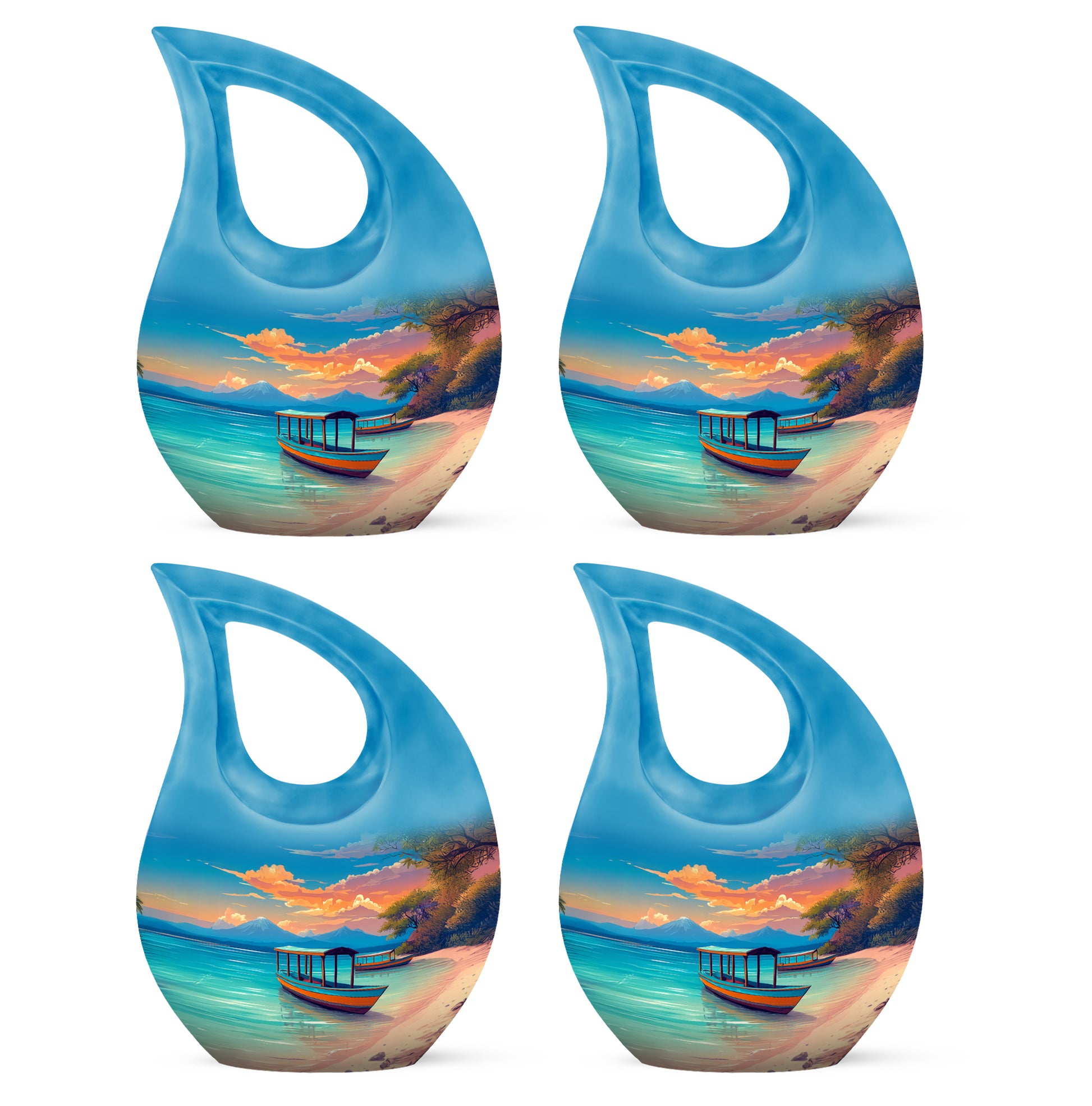 Pastel Blue Beach Cremation Urn lifestyle display on memorial shelf - sacred cross merged with beach motif on metal - 10 inch aluminum urn for cremated remains