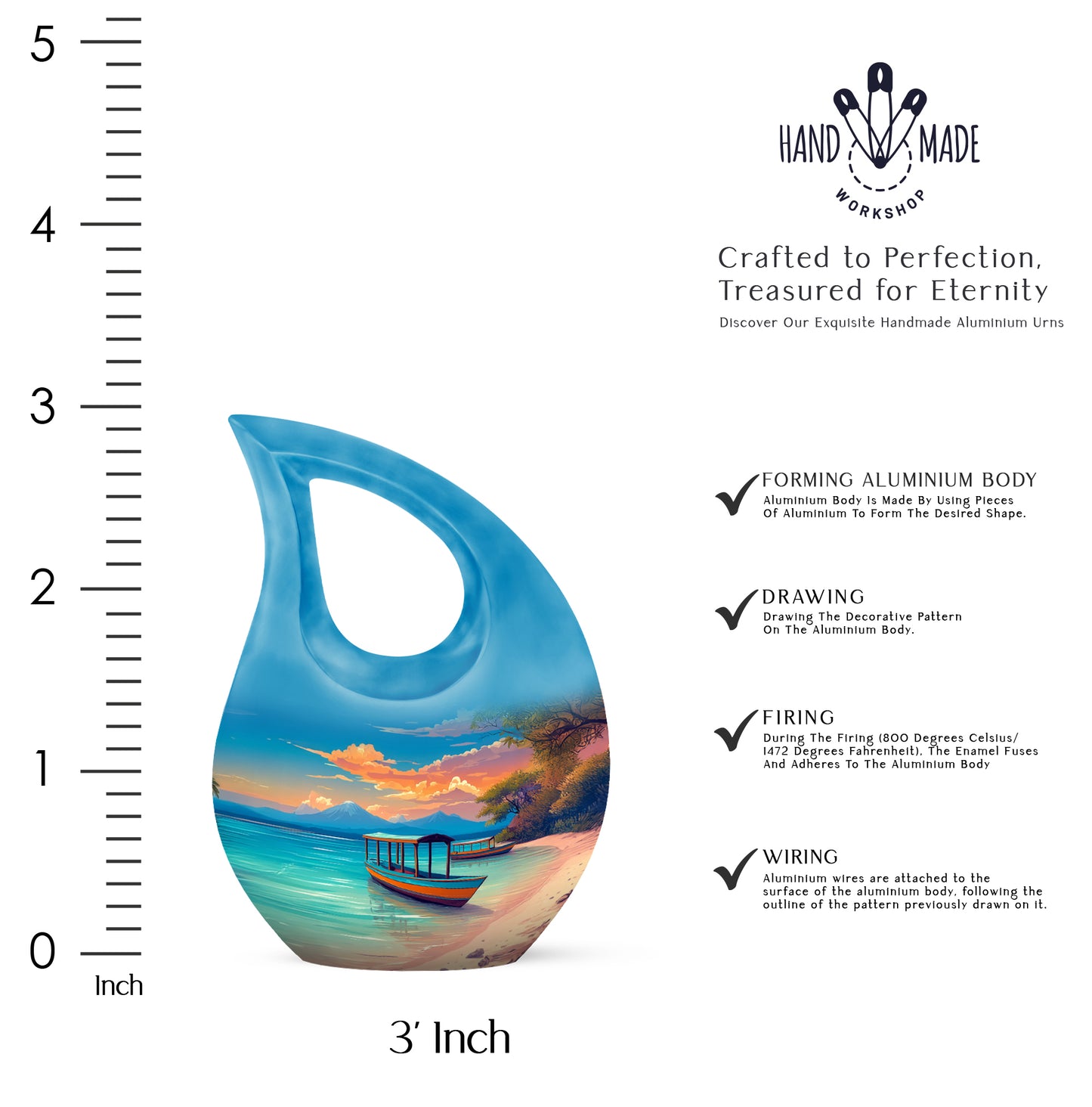 Celestial Blue Beach Cremation Urn back view with polished surface - cross and beach combined in spiritual memorial design - mini keepsake memorial for portion of cremation ashes