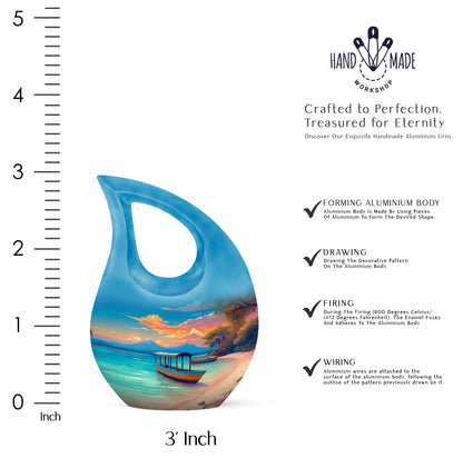 Celestial Blue Beach Cremation Urn back view with polished surface - cross and beach combined in spiritual memorial design - mini keepsake memorial for portion of cremation ashes