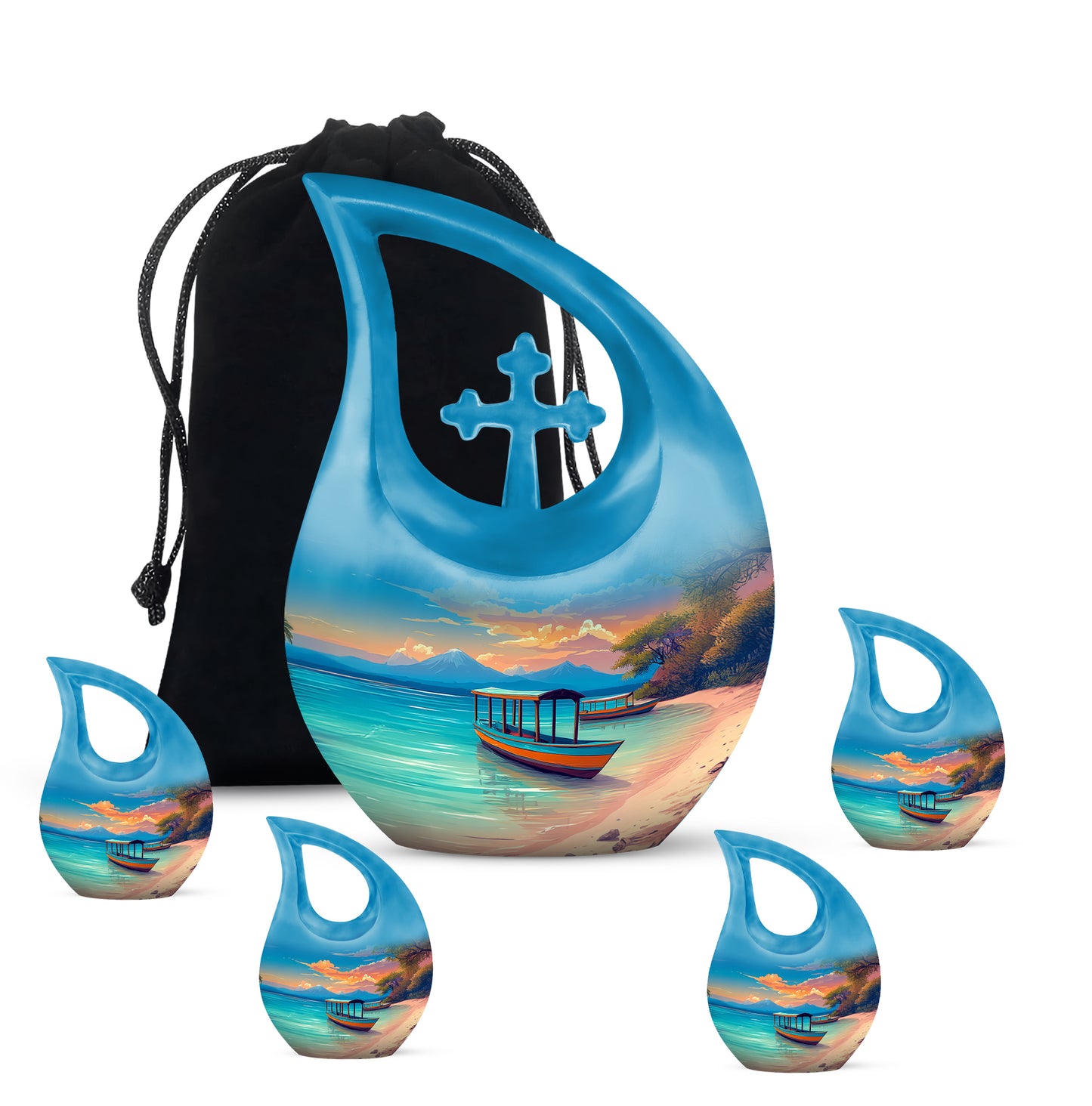 Icy Blue Beach Cremation Urn urn with complimentary velvet bag - cross and beach combined in spiritual memorial design - memorial set with one large and four small urns