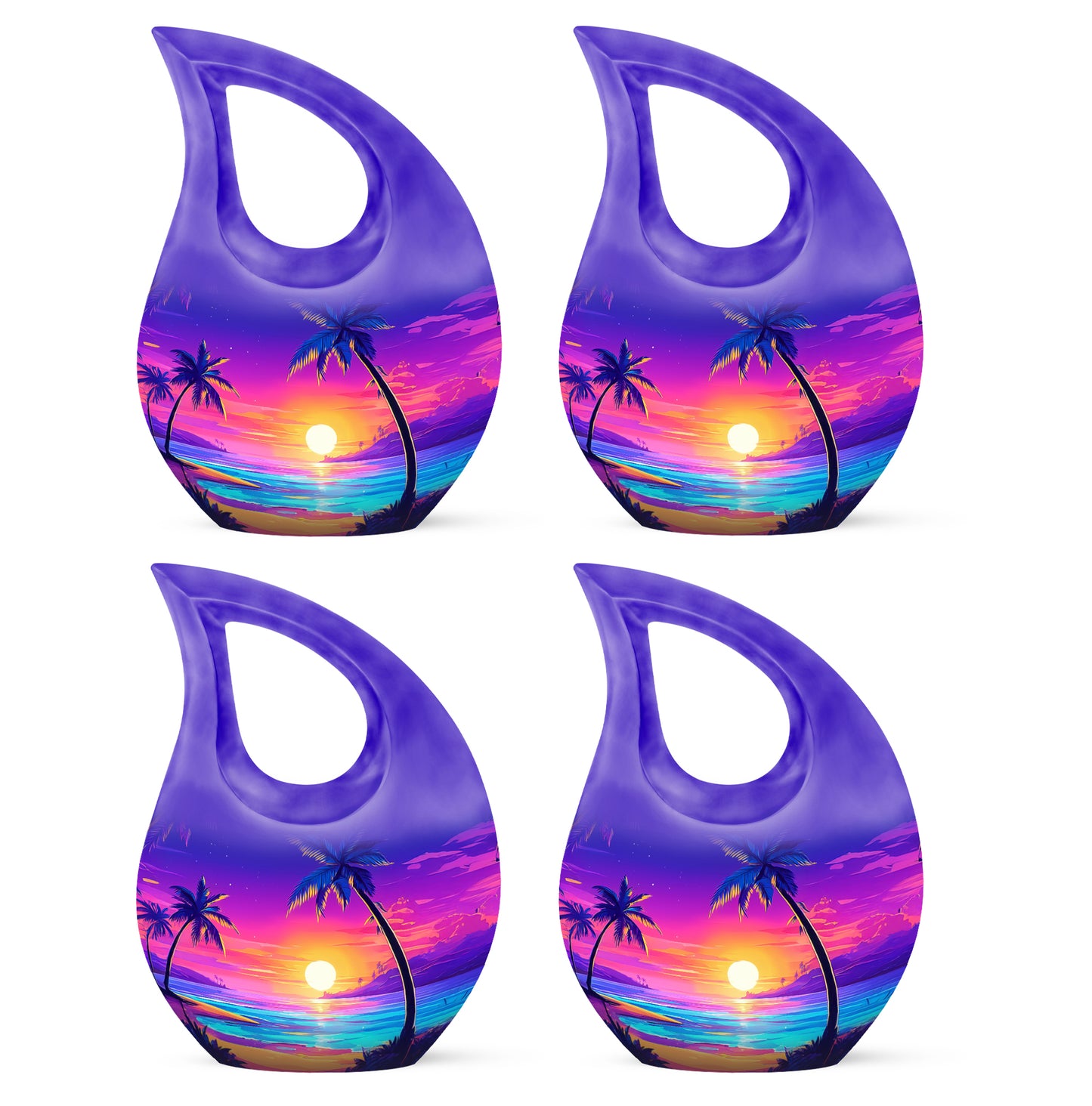 Sky Blue Beach Cremation Urn lifestyle display on memorial shelf - sacred cross merged with beach motif on metal - 10 inch aluminum urn for cremated remains