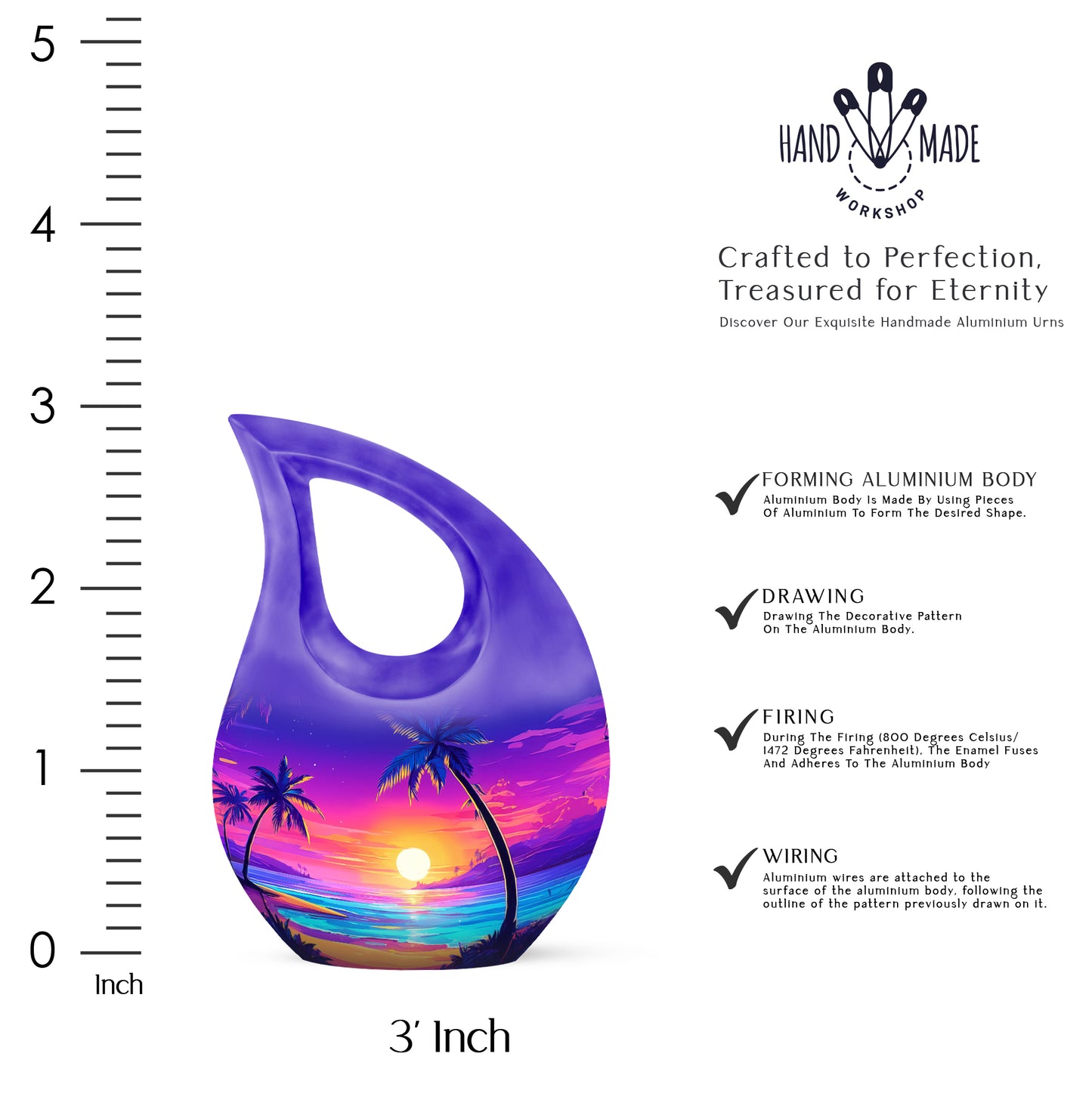 Indigo Beach Cremation Urn back view with polished surface - sacred cross merged with beach motif on metal - mini keepsake memorial for portion of cremation ashes