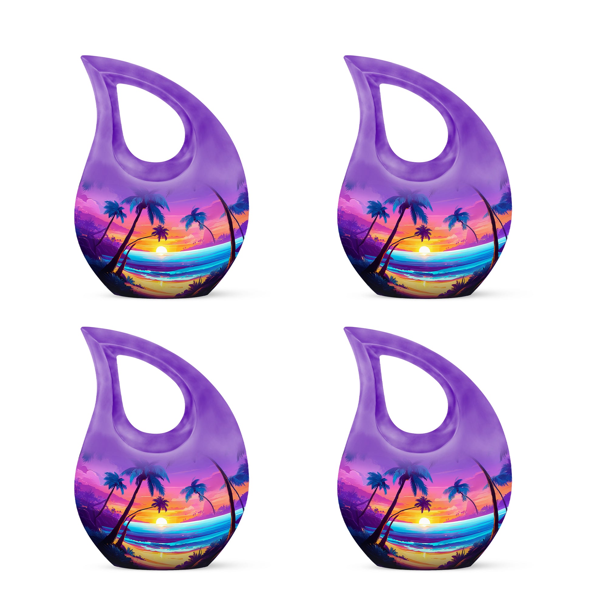 Violet Purple Beach Cremation Urn lifestyle display on memorial shelf - devotional cross-drop beach engraving - 10 inch aluminum urn for cremated remains