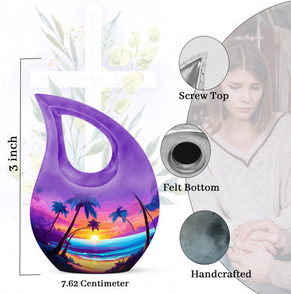 Royal Purple Beach Cremation Urn back view with polished surface - devotional cross-drop beach engraving - mini keepsake memorial for portion of cremation ashes
