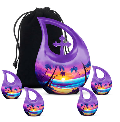 Lavender Purple Beach Cremation Urn urn with complimentary velvet bag - faith-inspired cross-drop urn with beach pattern - memorial set with one large and four small urns