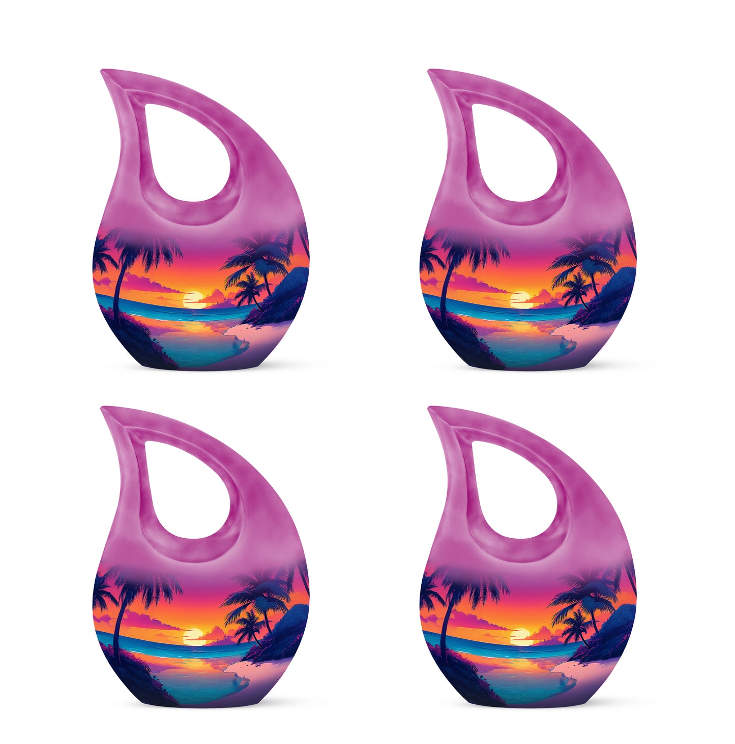 Violet Purple Beach Cremation Urn lifestyle display on memorial shelf - devotional cross-drop beach engraving - 10 inch aluminum urn for cremated remains
