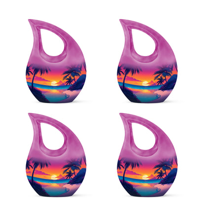 Violet Purple Beach Cremation Urn lifestyle display on memorial shelf - devotional cross-drop beach engraving - 10 inch aluminum urn for cremated remains