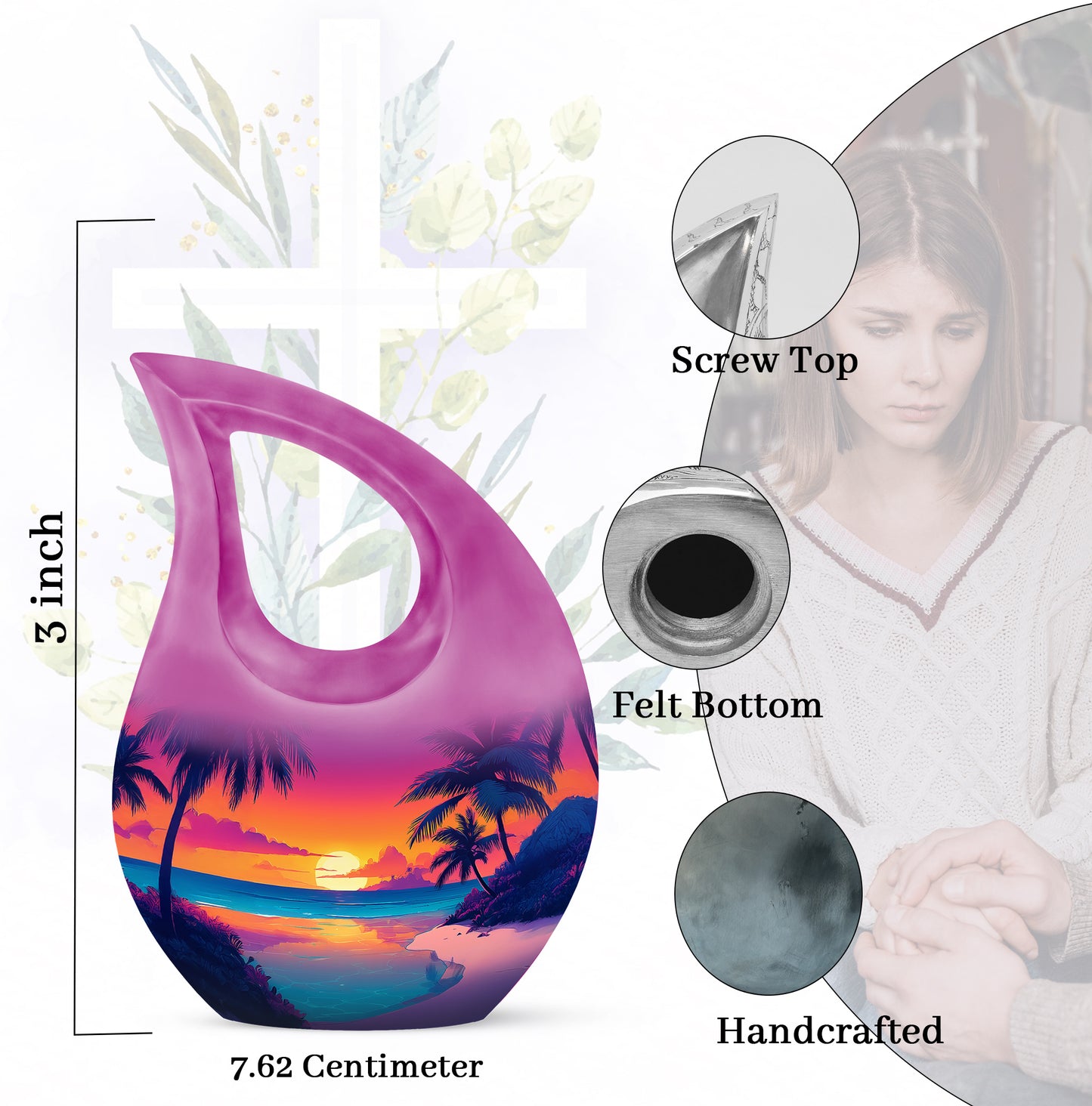 Twilight Purple Beach Cremation Urn back view with polished surface - faith-inspired cross-drop urn with beach pattern - mini keepsake memorial for portion of cremation ashes