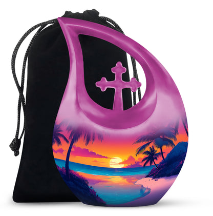 Amethyst Purple Beach Cremation Urn top-down view of secure threaded lid - cross and beach combined in spiritual memorial design - full-size 10 inch 200 cubic inch adult cremation urn