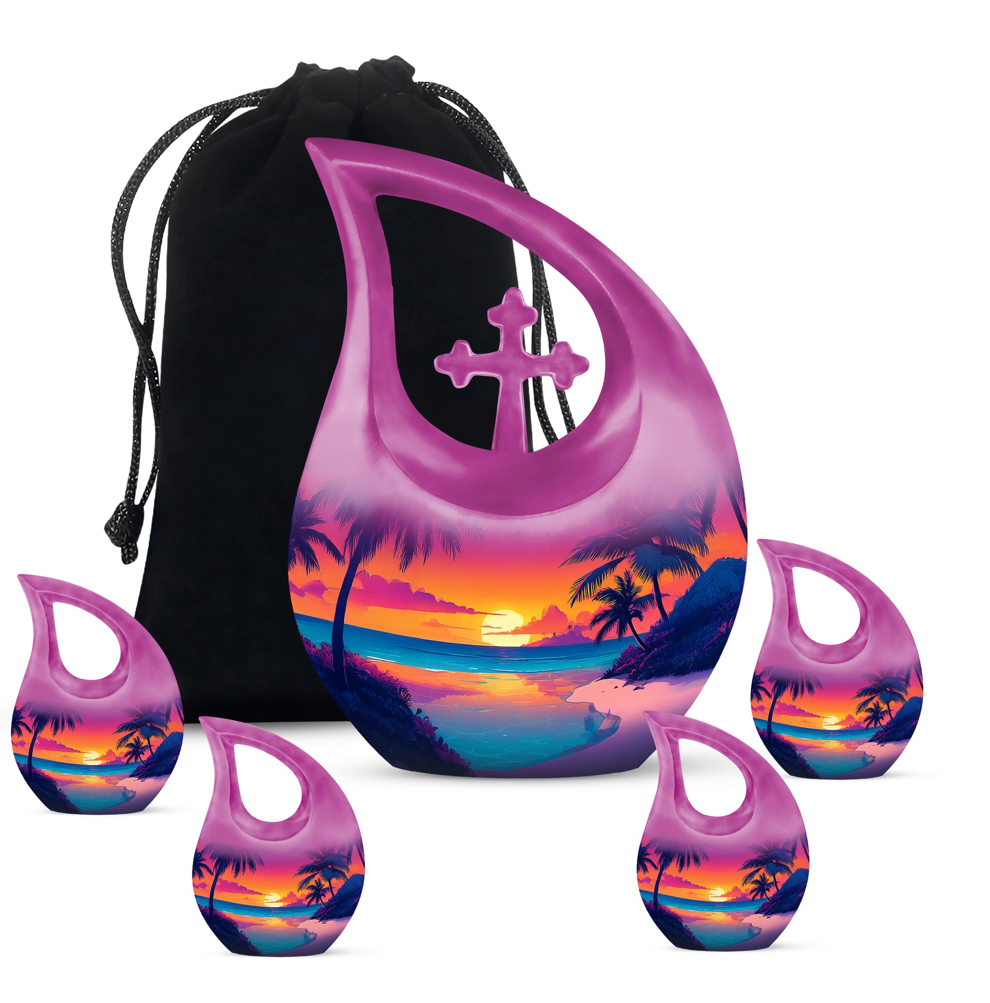 Lavender Purple Beach Cremation Urn urn with complimentary velvet bag - faith-inspired cross-drop urn with beach pattern - memorial set with one large and four small urns