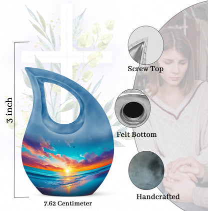 Steel Blue Beach Cremation Urn back view with polished surface - faith-inspired cross-drop urn with beach pattern - mini keepsake memorial for portion of cremation ashes