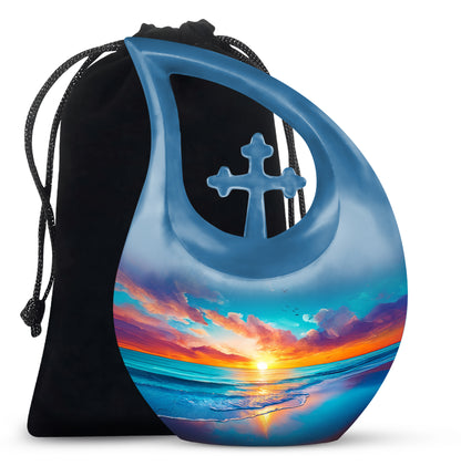 Sapphire Blue Beach Cremation Urn top-down view of secure threaded lid - devotional cross-drop beach engraving - full-size 10 inch 200 cubic inch adult cremation urn